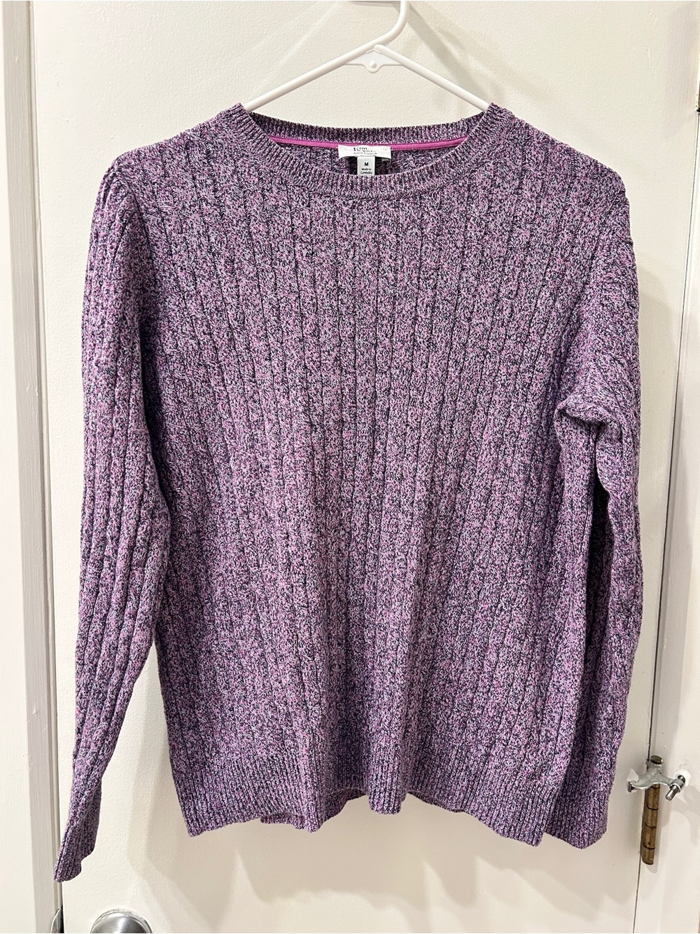 100% Cotton Cable Knit Crewneck Sweater - Marled Lavender Heather